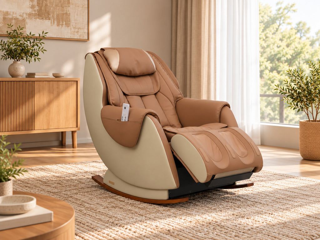 Infinity Comfort masszázsfotel barna-bézs kárpittal, otthonos nappaliban, háromnegyedes nézetben
