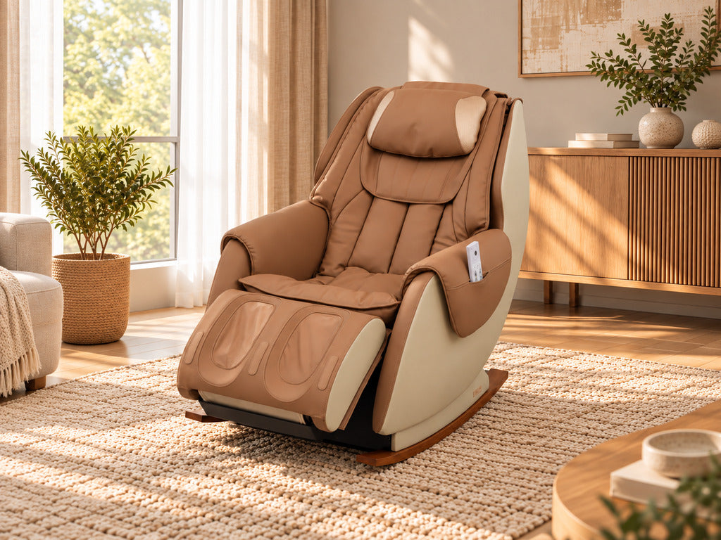 Infinity Comfort masszázsfotel elölnézetből, lábtartóval és távirányítóval, világos nappaliban