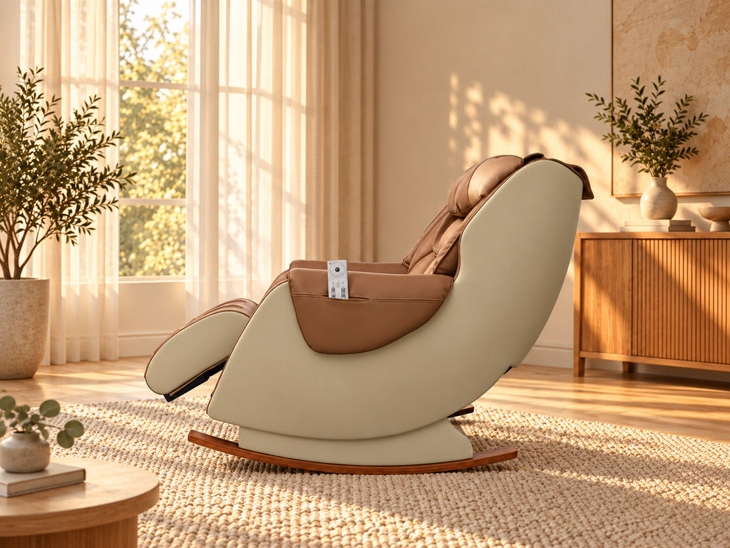 Infinity Comfort masszázsfotel hátradöntve, kihajtott lábtartóval, oldalsó nézetből
